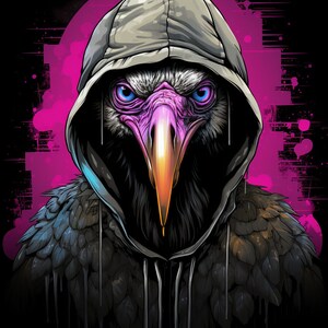 May include: A black and gray hooded sweatshirt with a vulture's head and beak. The hood is pulled up over the head, and the eyes are visible. The background is a pink and black abstract design.