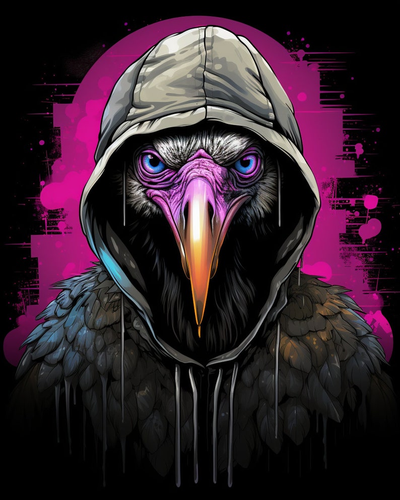 May include: A black and gray hooded sweatshirt with a vulture's head and beak. The hood is pulled up over the head, and the eyes are visible. The background is a pink and black abstract design.