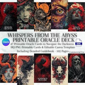 Baraja de Oráculo Susurros del Abismo, 47 cartas de trabajo de Sombras Oscuras con guía, PNG imprimibles de alta calidad, plantilla editable de Canva, uso comercial