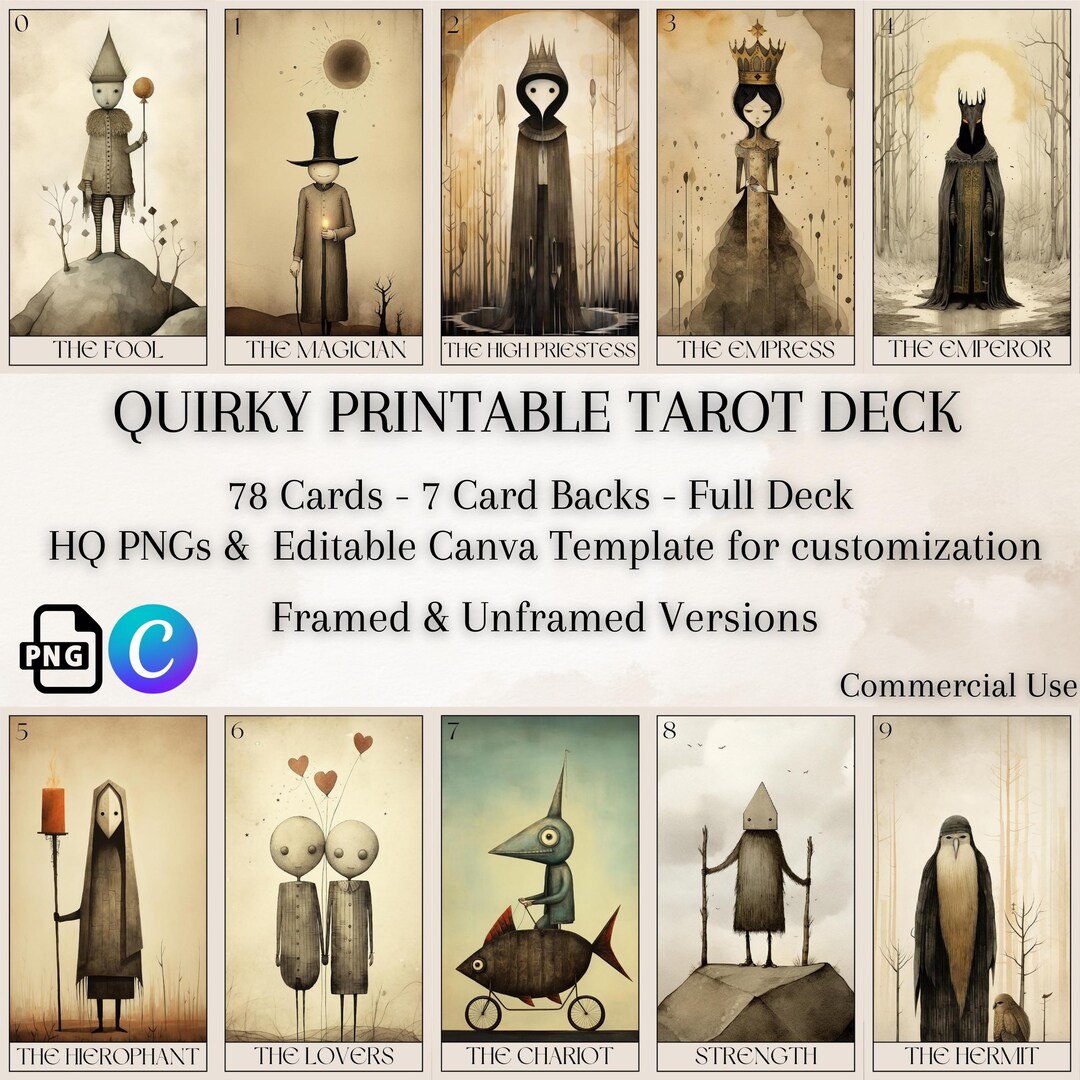 Printable Tarot Card Deck Watercolor Quirky Style, 78 Cards, 8 Backs ...