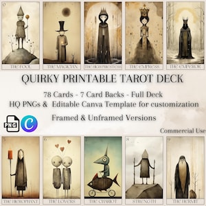Druckbares Tarotkartendeck Aquarell schrulliger Stil, 78 Karten, 8 Rückseiten, hochwertige PNG, bearbeitbare Canva Tarot-Vorlage, Tarot Wandkunst-Bundle