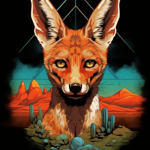 May include: A digital illustration of a fennec fox with large ears, set against a desert landscape with cacti and mountains. The fox has a warm orange and brown fur, and its eyes are a bright yellow. The background is a mix of blue, green, and orange hues.