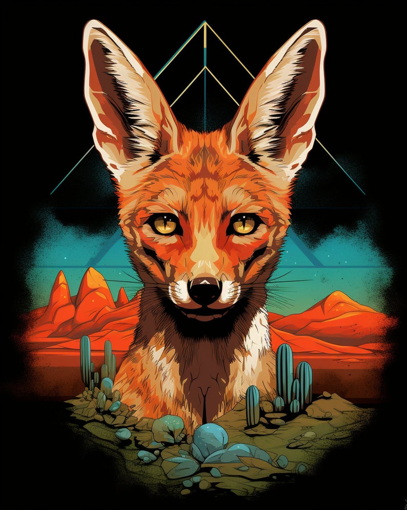 May include: A digital illustration of a fennec fox with large ears, set against a desert landscape with cacti and mountains. The fox has a warm orange and brown fur, and its eyes are a bright yellow. The background is a mix of blue, green, and orange hues.