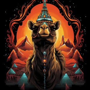 May include: A camel wearing a blue and gold crown stands in front of a sunset with mountains in the background. The camel has a beaded necklace and is framed by an ornate gold frame.