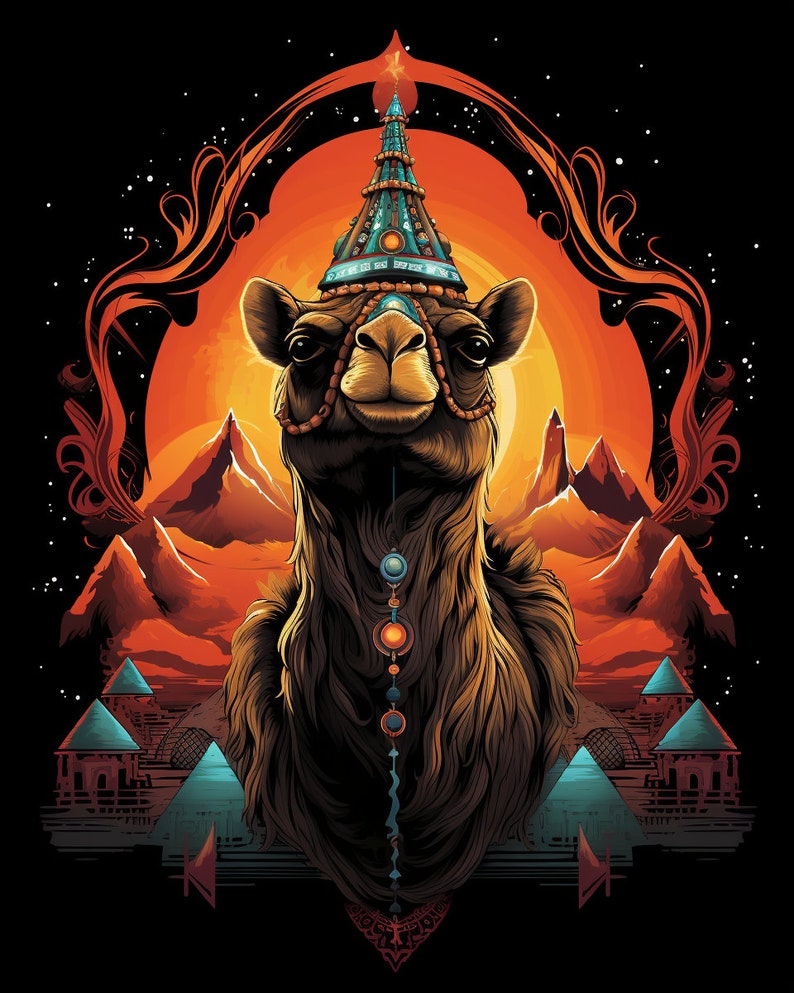 May include: A camel wearing a blue and gold crown stands in front of a sunset with mountains in the background. The camel has a beaded necklace and is framed by an ornate gold frame.