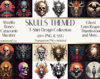 Paquete de diseño de camisetas Skulls: más de 20 subnichos, más de 430 SVG y PNG premium, paquete de diseños POD, impresiones de alta calidad, impresiones de camisetas de uso comercial