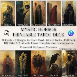 Baralho de Tarô para Imprimir, 78 Cartas, Horror Místico, 2 Designs Cada, PNGs HQ, Modelo Canva Editável, Kit de Diário de Tarô, Pacote de Arte de Parede de Tarô
