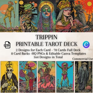 Baraja de tarot imprimible Trippin 78 cartas, 2 diseños cada carta, PNG de alta calidad, plantilla Canva editable, diario de tarot, paquete de arte de pared de tarot