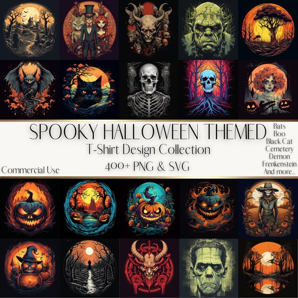 Halloween T-Shirt Designs Bundle 400+ Spooky Themed PNG & SVG Files, 30 Sub-niches, Bats, Pumpkins, Witches, and More, DIY Apparel Projects!