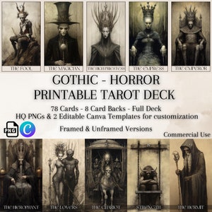 Jeu de cartes de tarot imprimable - gothique - style horreur, 78 cartes + 8 dos de cartes, PNG de haute qualité, modèle de toile éditable, lot d'art mural tarot