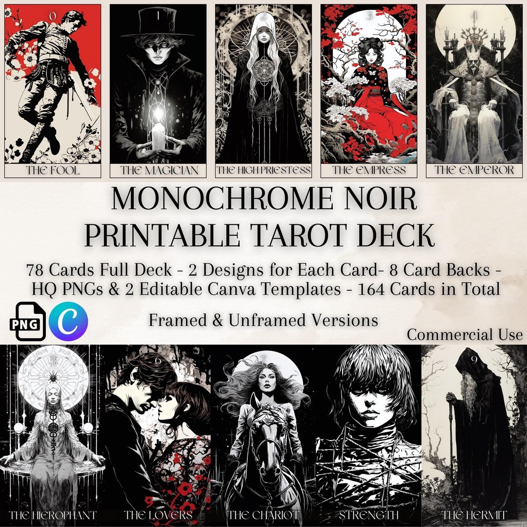 Printable Tarot Card Deck- Monochrome Noir Style, 78 Cards, 2 Designs ...