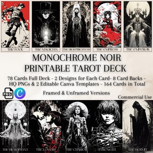 Baralho de cartas de tarô para impressão - estilo Noir monocromático, 78 cartas, 2 designs cada + 8 costas, PNG de alta qualidade, modelo Canva, pacote de arte de parede de tarô