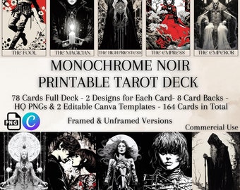 Monochrome Noir Tarot Card Deck: 78 Cards, 2 Designs (PNG, Canva Template)