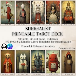Mazzo di carte dei tarocchi stampabile in stile surrealista, 78 carte 8 dorsi, PNG di alta qualità, modello Canva modificabile Pacchetto di arte della parete dei tarocchi, diario dei tarocchi
