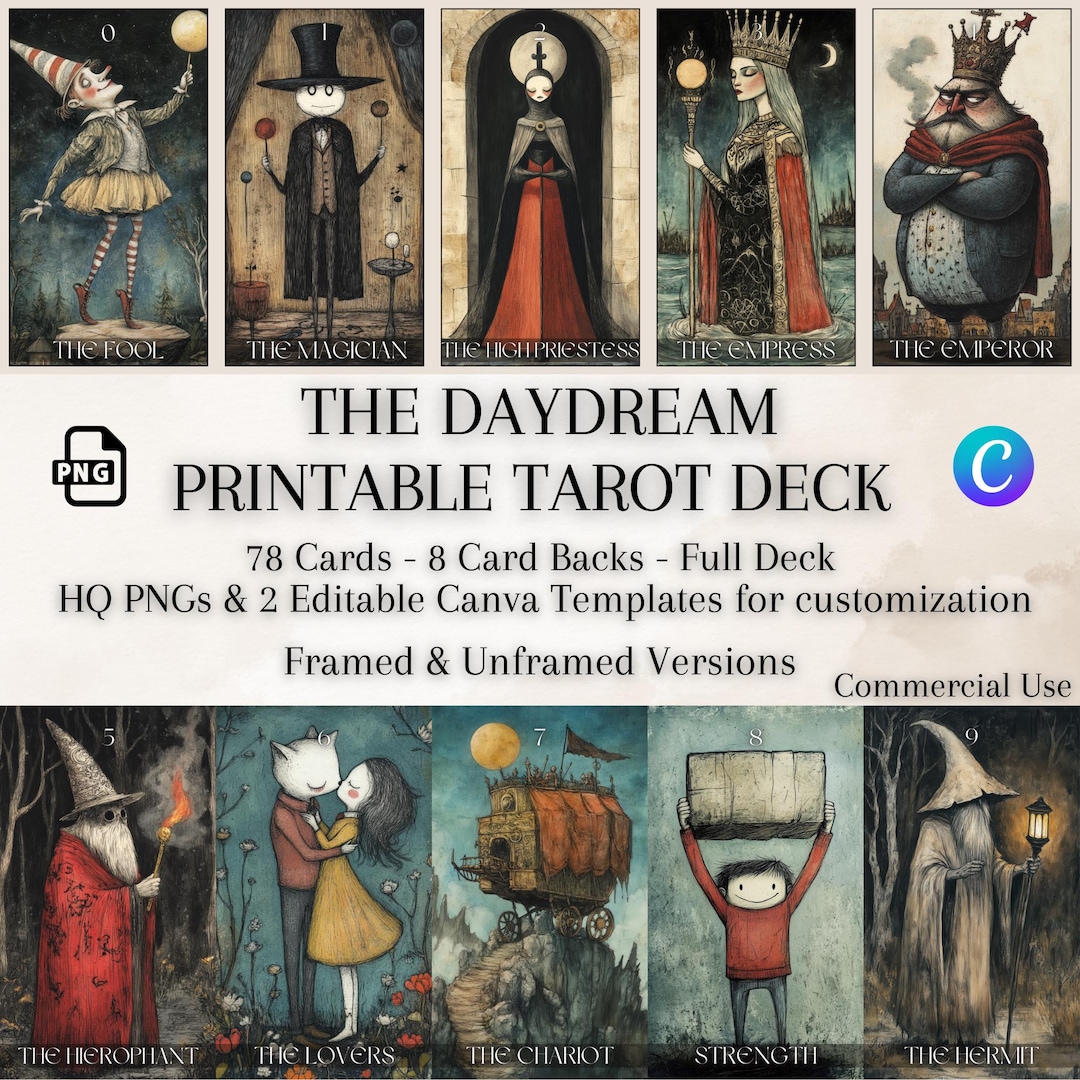 Printable Surreal Tarot Cards: Dreamlike Deck With Card Backs
