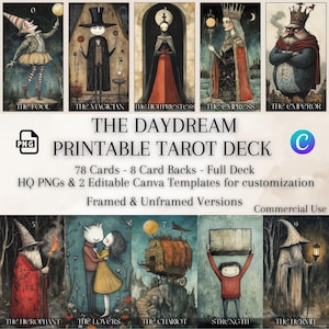 Druckbares Tarotkartenspiel Surrealer, traumhafter Stil - 78 Karten + 8 Rückseiten, hochwertiges PNG, bearbeitbare Canva-Vorlage, Tarot-Wandkunstpaket