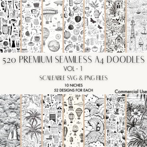 Doodle Art Seamless Graphics Bundle 520 Scalable Doodles SVG & PNG 10 Unique Niches with 52 Designs Each Digital Downloads for Versatile Use