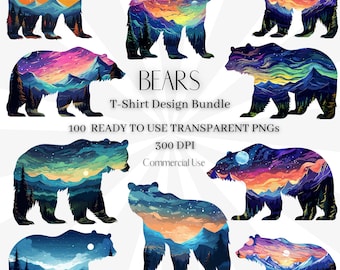May include: A set of 100 bear silhouette graphics with colorful mountain and sky backgrounds. The graphics are ready to use and are 300 DPI.  BEARS T-Shirt Design Bundle.  Commercial Use.