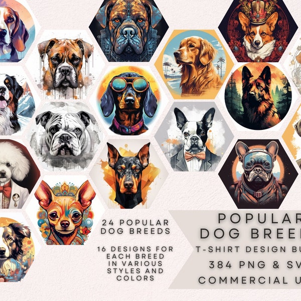 Dog Breeds T-Shirt Designs Bundle 24 Breeds 384 High-Resolution PNG&SVG Files 16 Unique Designs for Each Breed Digital Downloads POD Starter