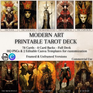 Druckbares Tarotkartendeck Moderne Kunst, Freihandstil - 78 Karten + 8 Rückseiten, hochwertige PNG, bearbeitbare Canva-Vorlage - Tarot Wall Art Bundle