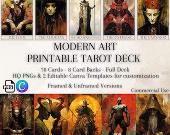 Printable Modern Art Tarot Deck: 78 Cards, Editable Canva Template (PNG)