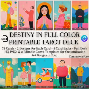 Printable Tarot Deck, 78 Cards, Modern Playful Style, 2 Designs Each, HQ PNGs, Editable Canva Template, Tarot Journal Kit, Tarot Wall Art