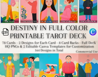 Playful Modern Tarot Deck: 78 Cards, 2 Designs (Printable PNG, Canva Template)