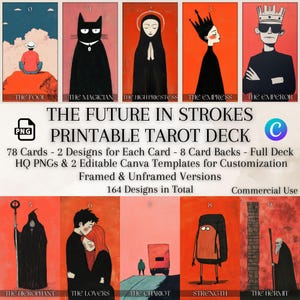 Printable Tarot Cards Deck Modern Quirky Style - 78 Cards x 2 designs each, 8 Backs, HQ PNGs, Editable Canva Template, Tarot Wall Art Bundle