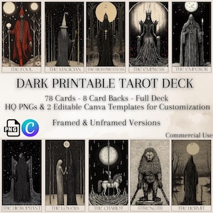 Printable Tarot Card Deck Dark Freehand Style  - 78 Tarot Cards + 2 Backs, High Quality PNG, Editable Canva Template - Tarot Wall Art Bundle