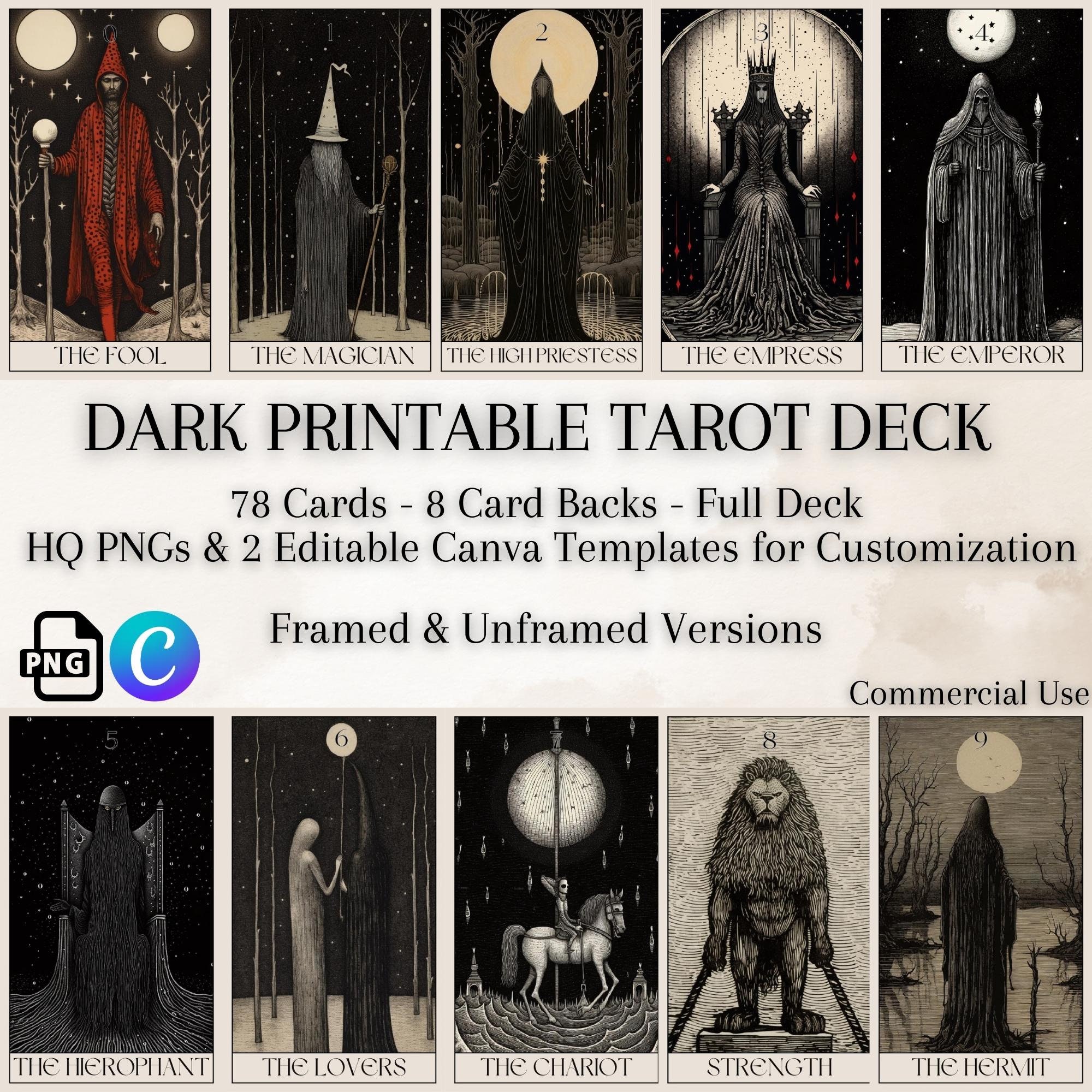 Dark Tarot Card Deck: 78 Cards, Editable Canva Template (Printable PNG)