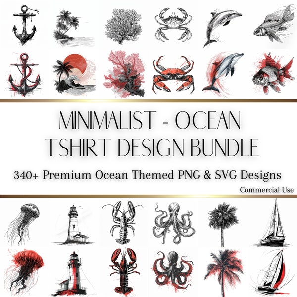 Minimalistische T-shirtontwerpbundel: 340+ SVG- en PNG-illustraties met oceaanthema, nautische thema's, strandthema's, doe-het-zelfkleding en ambachtelijke projecten, digitaal