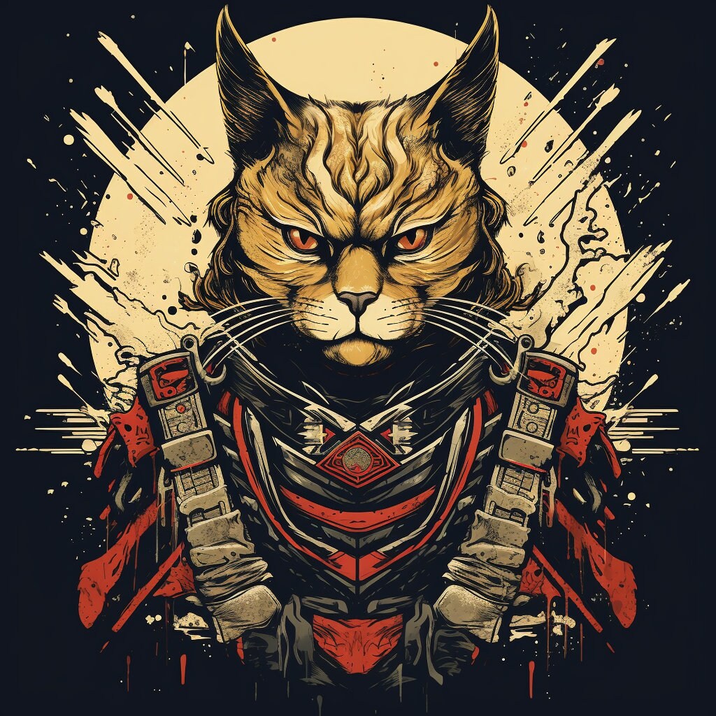 サムライ猫Tシャツデザイン：200種類以上の猫戦士PNG SVGバンドル