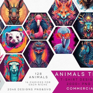 Animal T-Shirt Designs Bundle,2000+ Premium High-Resolution PNG & SVG Files, 128 Unique Animals in Various Styles - Digital Download Tshirts