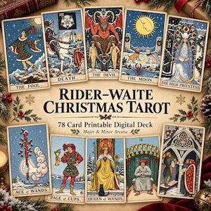 May include: A Rider-Waite Christmas Tarot deck featuring 78 printable digital cards with festive holiday-themed illustrations. The collection includes Major and Minor Arcana cards like The Fool, Death, The Devil, The Moon, and The High Priestess.