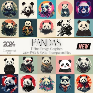 Può includere: Una collezione di oltre 220 grafiche di panda per la progettazione di t-shirt. Le grafiche presentano panda in varie pose e stili, tra cui l'indossare occhiali da sole, cappelli e sciarpe. Le grafiche sono disponibili nei formati PNG e SVG e includono file trasparenti. Il testo "2024 Uso commerciale" e "NUOVO" è incluso anche nell'immagine.