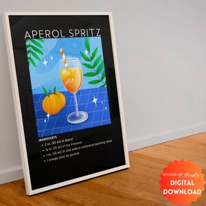 Affiche cocktail noire Spritz Aperol, décoration murale tendance, affiche de bar, impression de cocktail, décoration de chariot de bar, impression colorée, art mural de cuisine, cadeau #61
