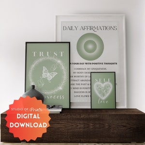Sage Green Wall Art Set of 3 Prints Positive Affirmation Spiritual Wall Art Sage Green Décor Positive Art Prints Sage Green Print Set #45