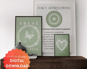 Juego de 3 impresiones de arte mural en verde salvia, arte mural espiritual con afirmación positiva, decoración en verde salvia, impresiones artísticas positivas, juego de impresiones en verde salvia n.° 45