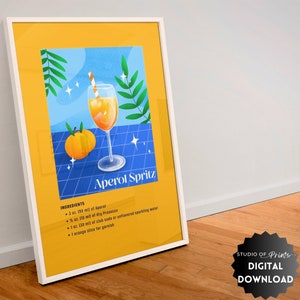 Affiche de cocktail Aperol Spritz, décoration murale tendance, affiche de bar, impression de cocktail, décoration de chariot de bar, impression colorée, art mural de cuisine, #55