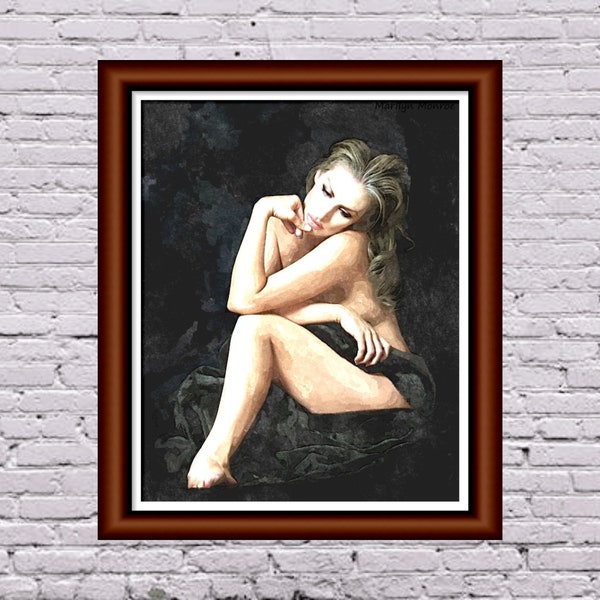 watercolor nude - classical beauty - naked woman - renaissance painting - artistic pose - master painting - print to download