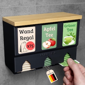 Wandgemonteerde theedoos, hangende thee-organizer voor wandmontage, verticale MARTEA theezakjesdispenser, opbergplank voor theezakjes in de keuken (zwart, wit)