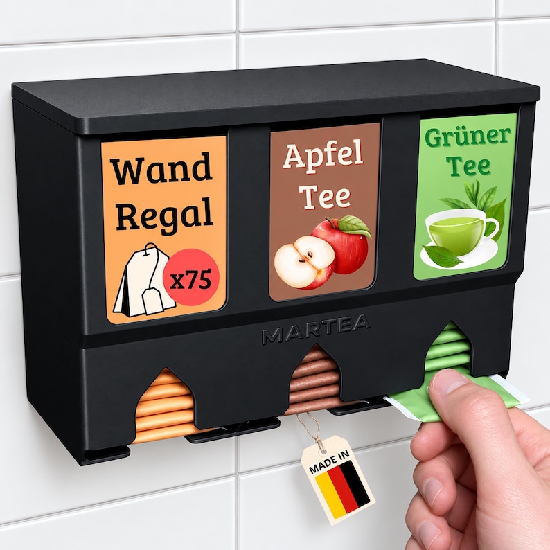 Op de afbeelding: Een zwarte wand-theezakjesdispenser met drie compartimenten met de labels Wand Regal, Apfel Tee en Gr&uuml;ner Tee. De unit is voorzien van het Martea-logo, een afbeelding van een theezakje met x75, een appelillustratie en een icoon van een kopje groene thee.