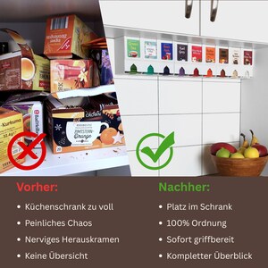 Op de afbeelding: Een vergelijkingsafbeelding toont links een overvolle keukenkast vol theedozen met een rood kruis, en rechts een witte theezakjes-organizer onder de kast met verschillende theesoorten, gemarkeerd met een groen vinkje.