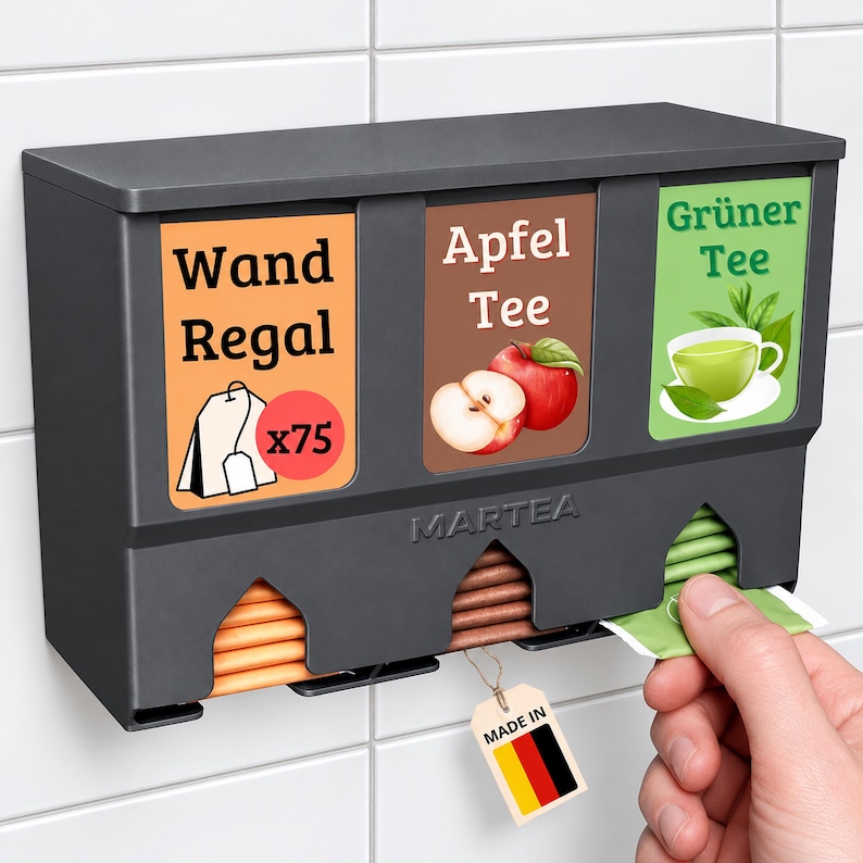 Op de afbeelding: Een donkergrijze theezakjeshouder voor aan de muur met drie vakken. De labels bevatten de teksten Wand Regal, Apfel Tee en Gr&uuml;ner Tee. De houder toont afbeeldingen van een theezakje, een appel en een kop groene thee. De merknaam MARTEA staat op de voorzijde.