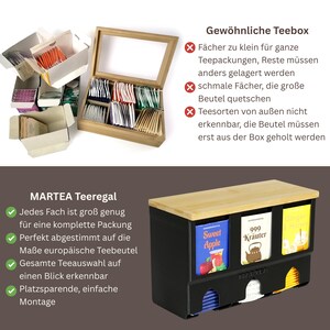 Op de afbeelding: Een vergelijking van thee-opbergoplossingen met een houten doos vol theezakjes en een zwart MARTEA theerek met een houten bovenkant. De afbeelding bevat Duitse tekst die de beperkingen van standaard dozen en de kenmerken van het rek beschrijft.