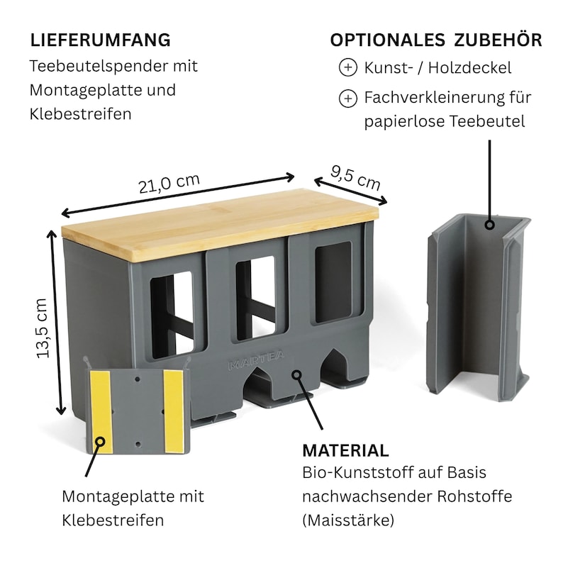Op de afbeelding: Een grijze theezakjeshouder met een lichthouten deksel, met afmetingen van 21,0 cm bij 9,5 cm bij 13,5 cm. Inclusief een montageplaat met gele plakstrips en een grijze vakverdeler. De tekst "BAYERTEA" staat op de voorzijde van de houder.