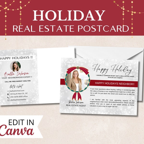 Real Estate Holiday Postcard ,Real Estate Christmas Card,Real Estate Farming Card,Real estate marketing, Canva Template,Editable Real Estate