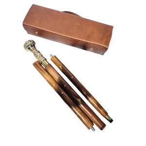 Vintage Gehstock aus Holz: Messingblumengriff, Lederbox