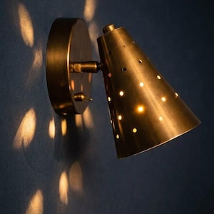 Brass Wall Sconce with On Off Switch, Mid Century Modern Pierced Cone Light, Vintage Wall Lamp, Plug In or Hardwired Reading Light