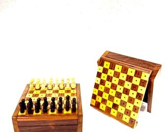 Mini jogo de xadrez feito à mão em jacarandá: jogo de bolso para viagem